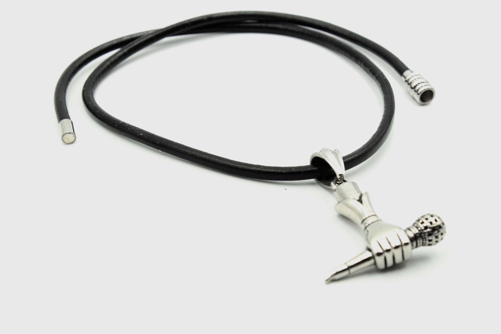 Microphone With Hand Stainless Steel Pendant -Leather cord simple