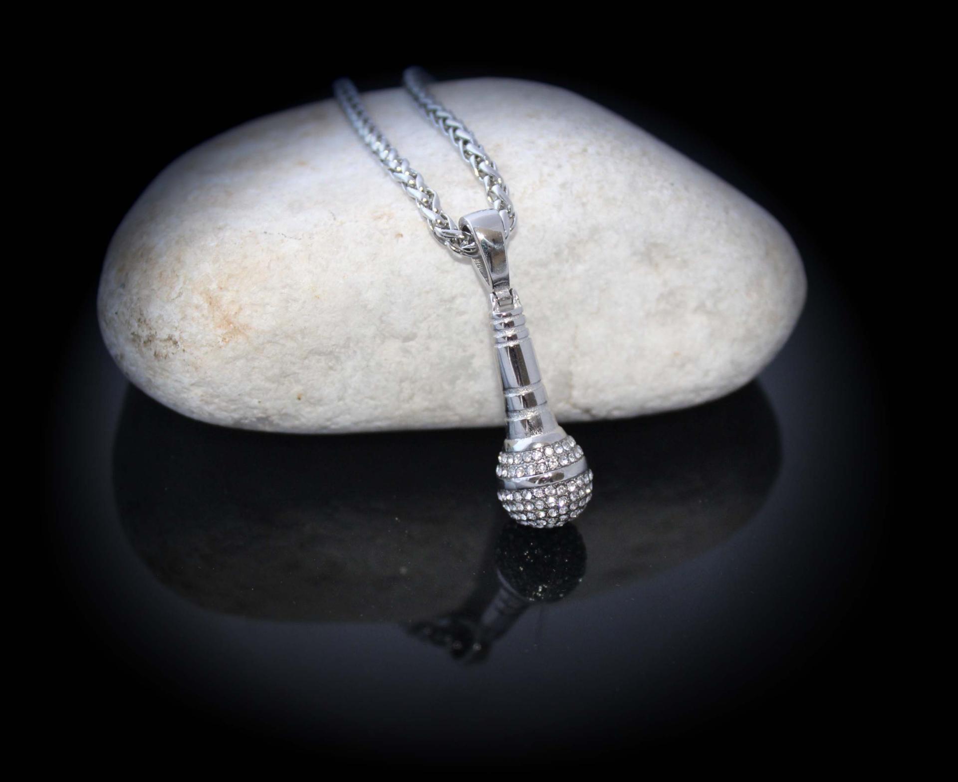 Microphone Pendant - Stainless Steel With Crystal