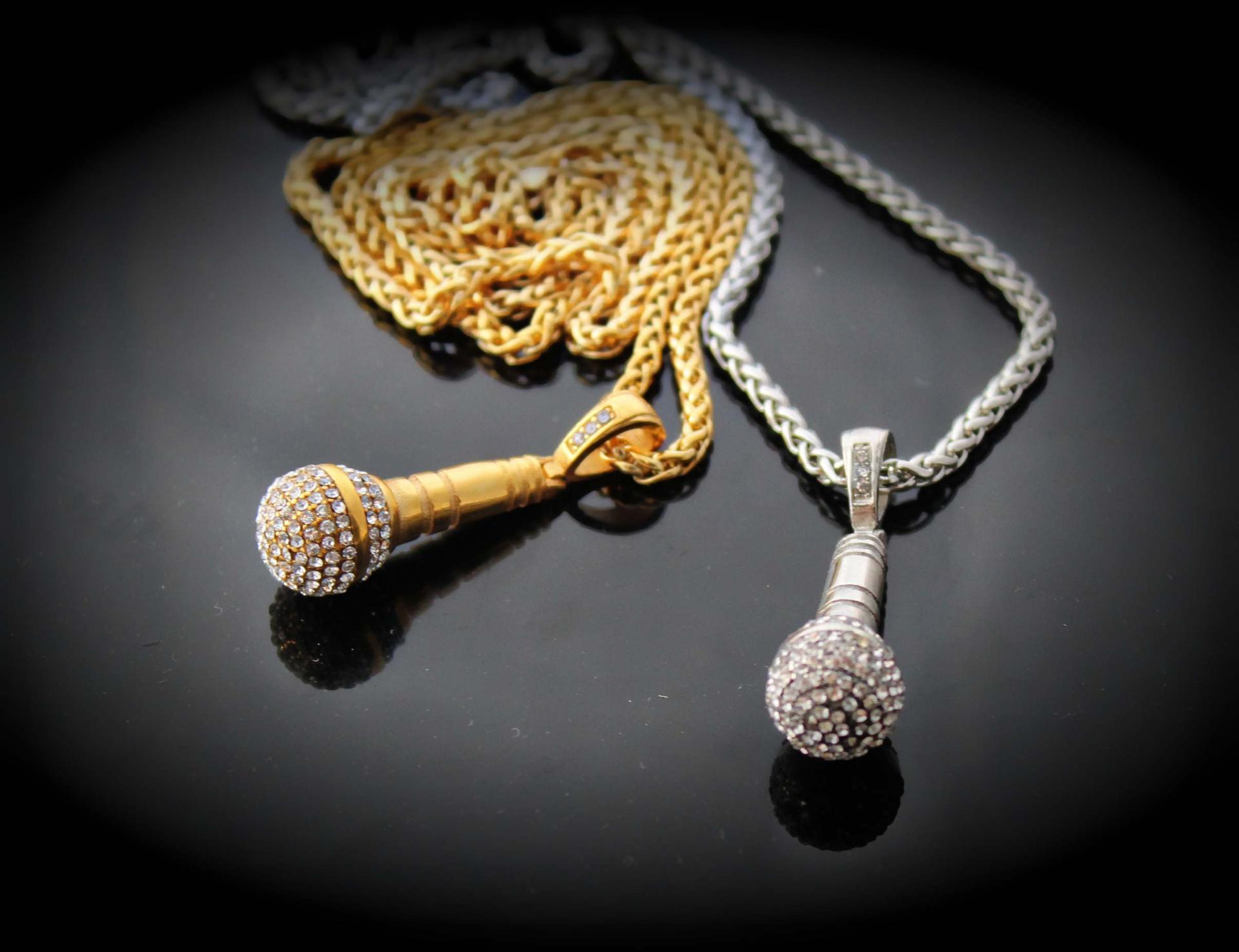 Microphone Pendant - Stainless Steel With Crystal