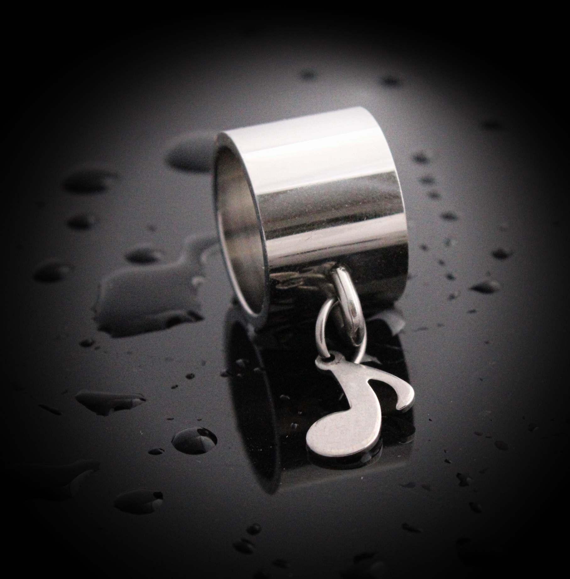 Wide Ring With Music Note Dangle Charm Stainless Steel