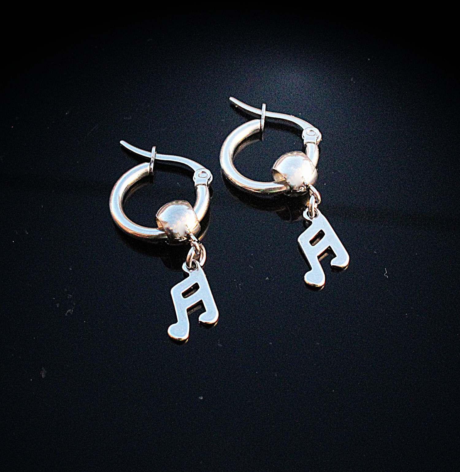 Music Note Dangle Earrings In Stainless Steel With Lever Back