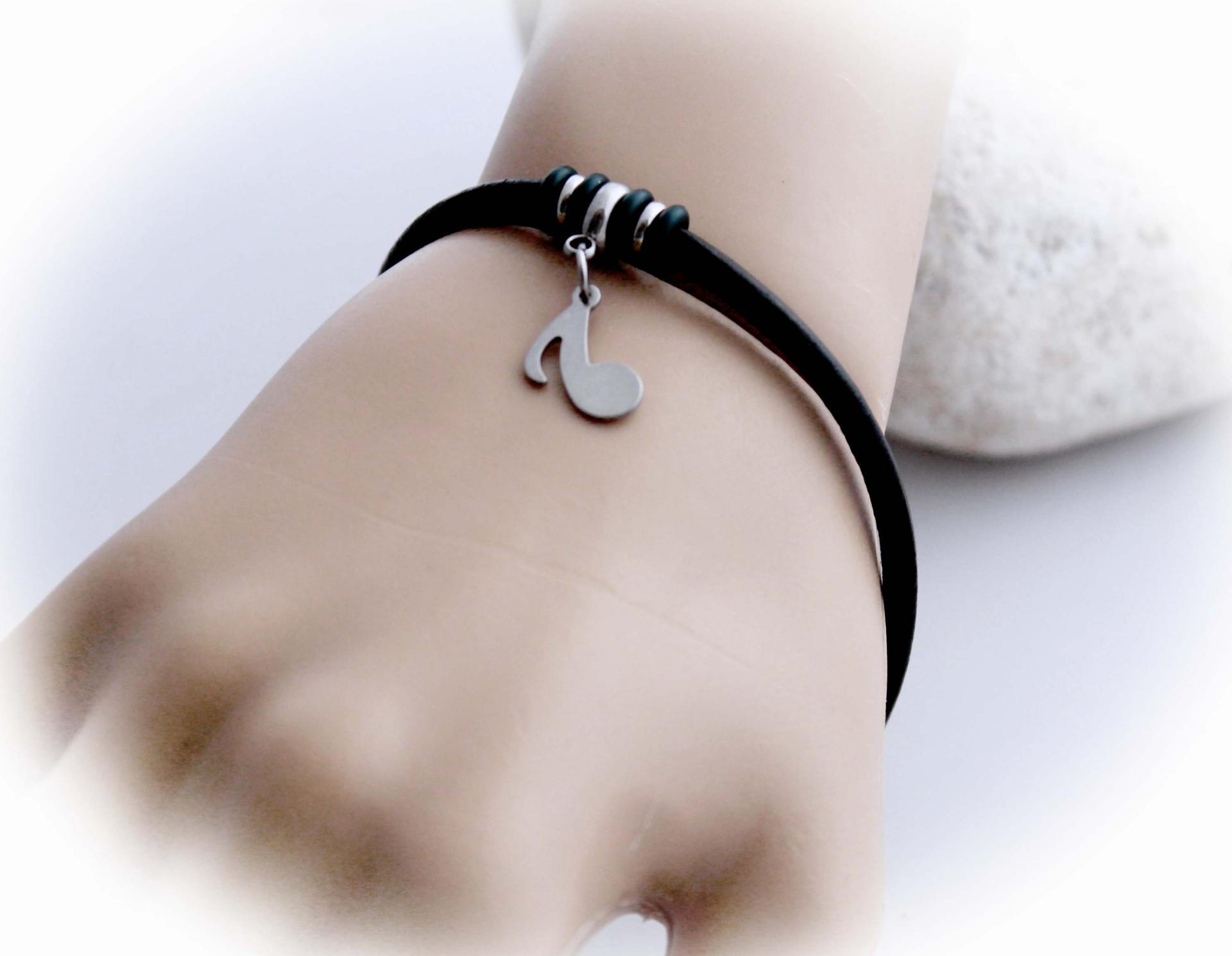 Leather and Steel Music Note Bracelet - Customisable!