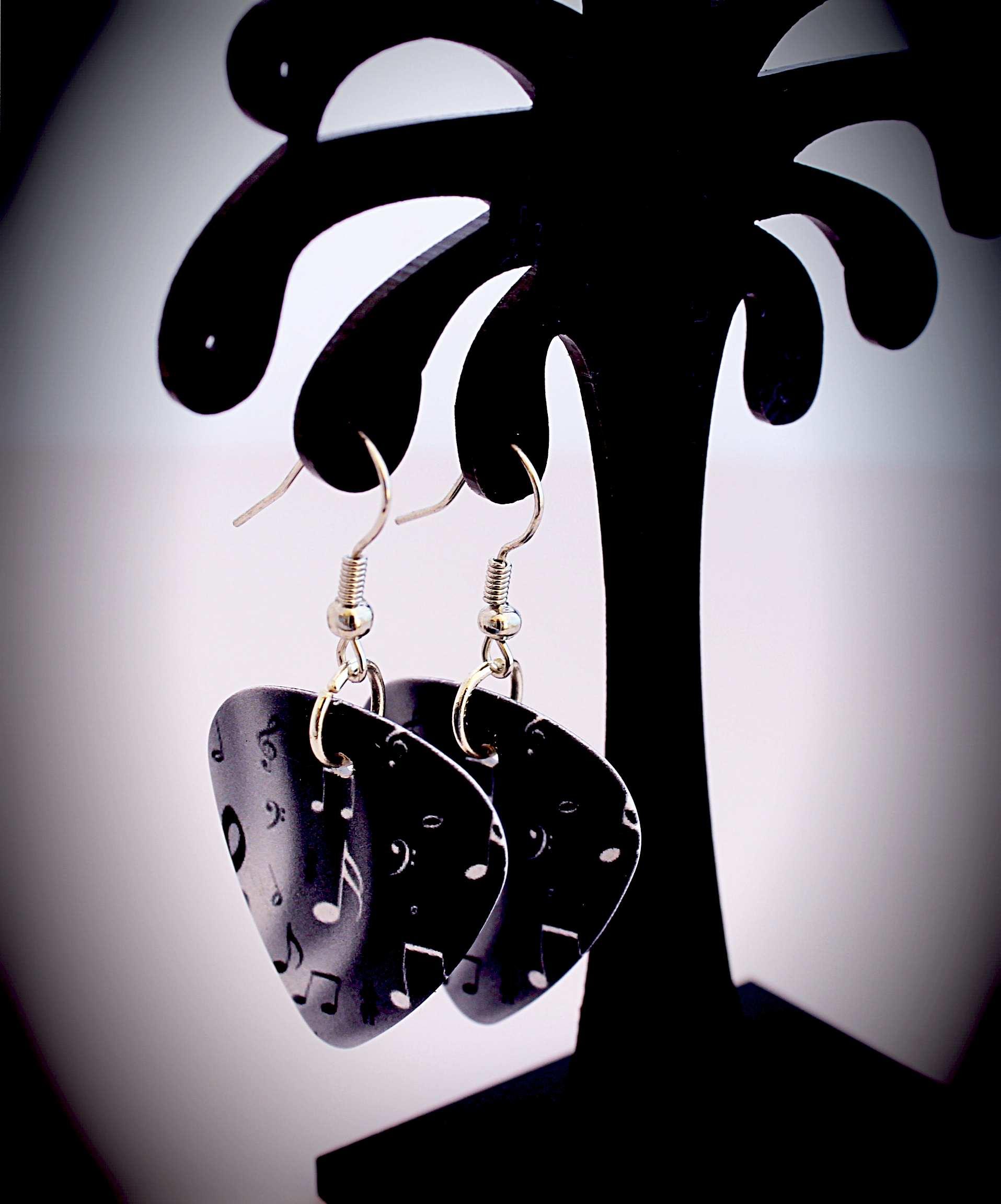 Music Note Guitar Pick Earrings - "Night & Day Notes" Design