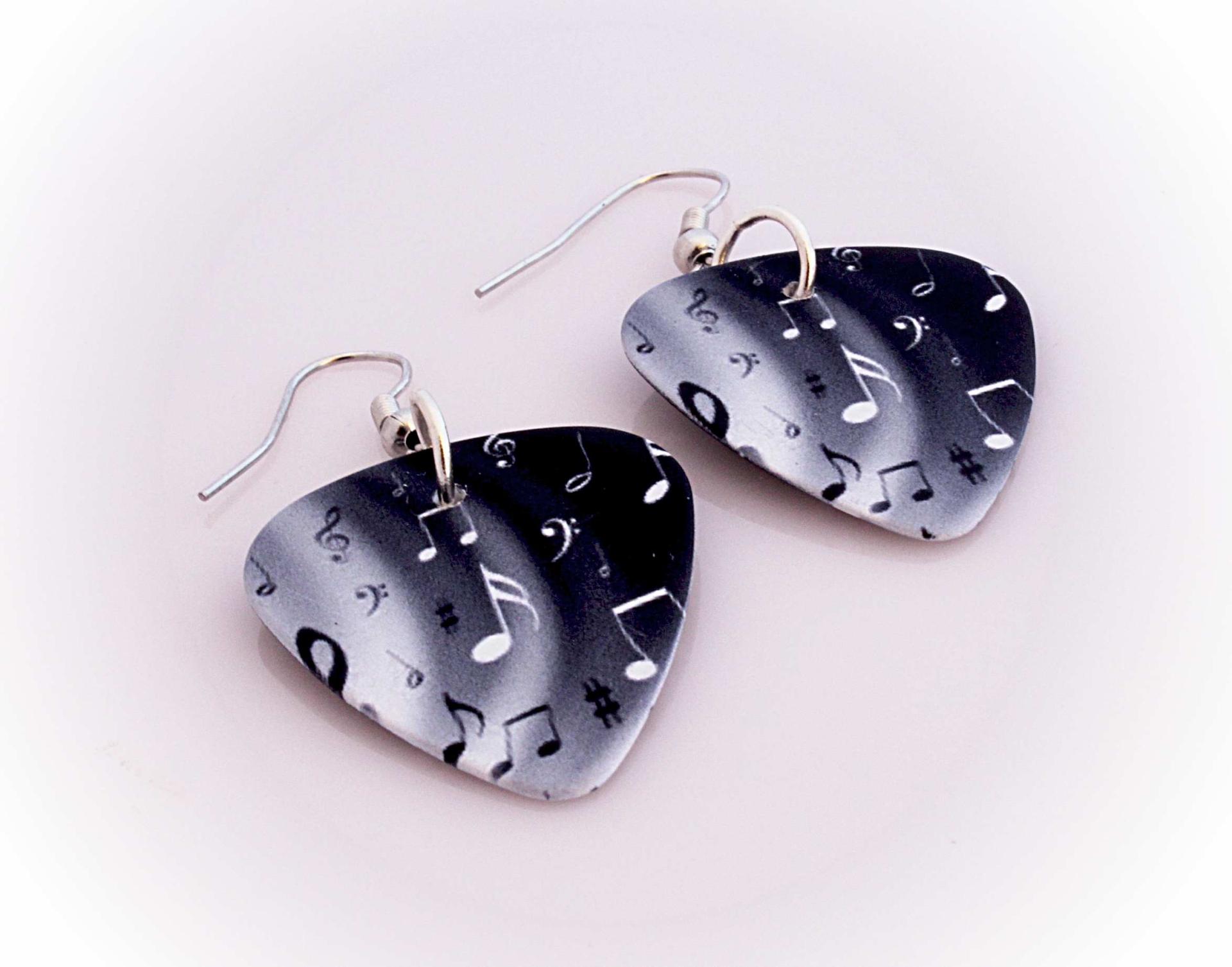 Music Note Guitar Pick Earrings - "Night & Day Notes" Design