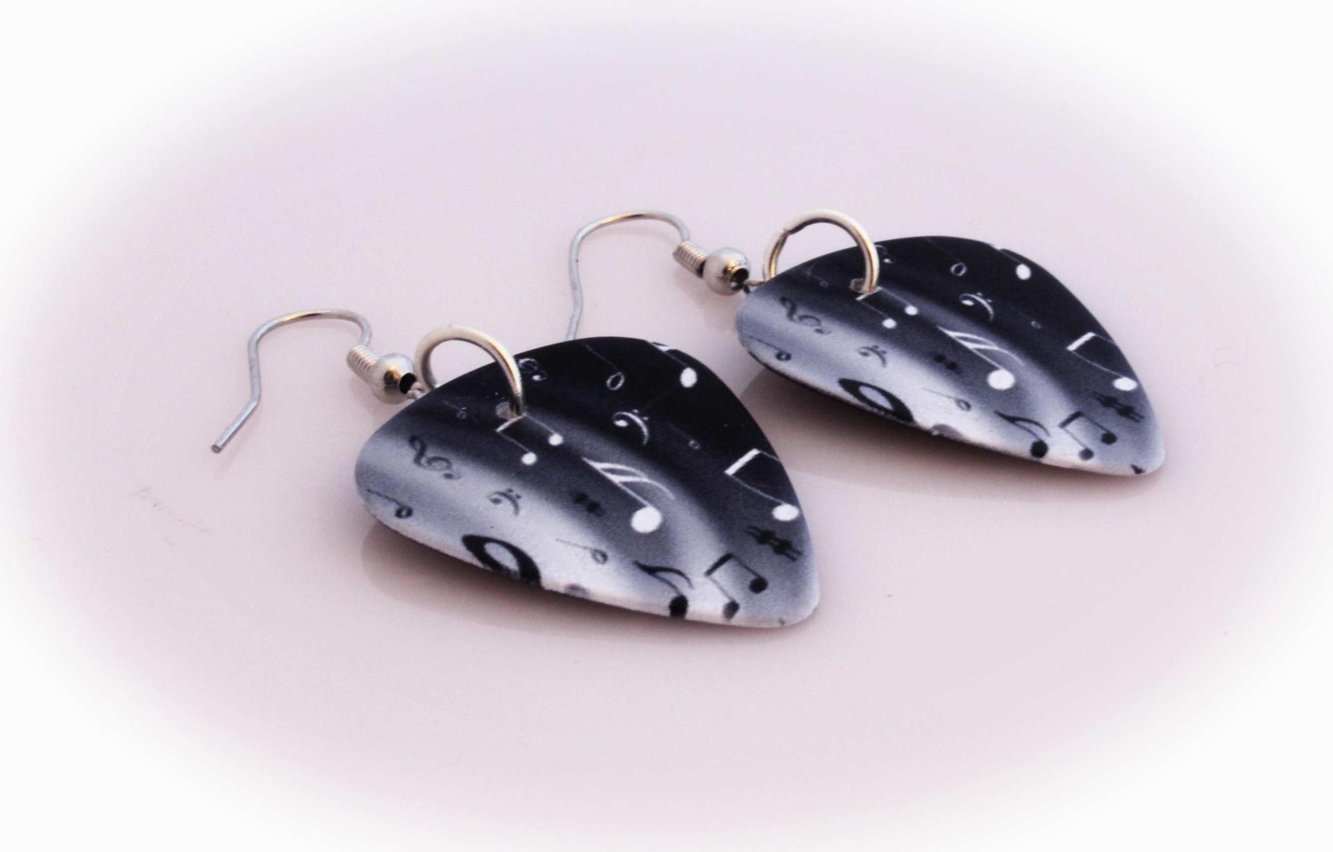 Music Note Guitar Pick Earrings - "Night & Day Notes" Design
