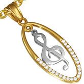 Stainless Steel 2-tone Musical Treble Note Oval Charm Clef Pendant