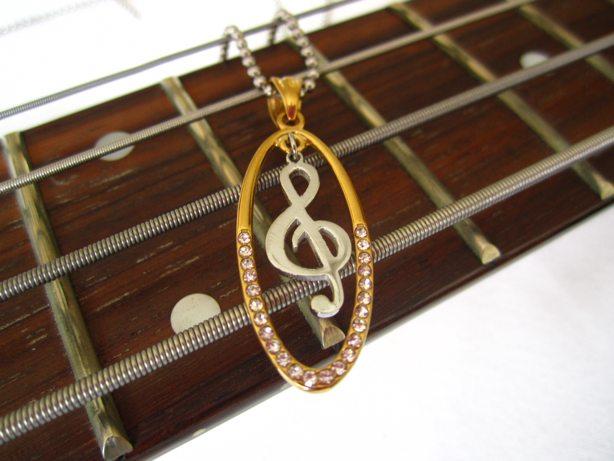 Stainless Steel 2-tone Musical Treble Note Oval Charm Clef Pendant