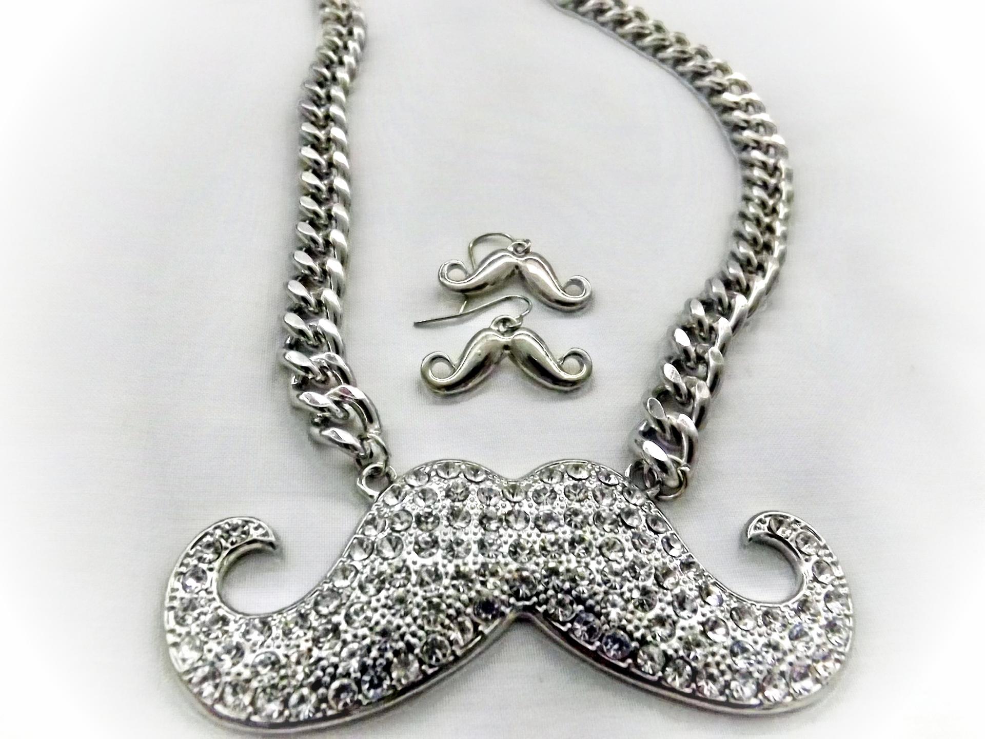 Mustache Hipster Crystal Statement Necklace & Earring Set