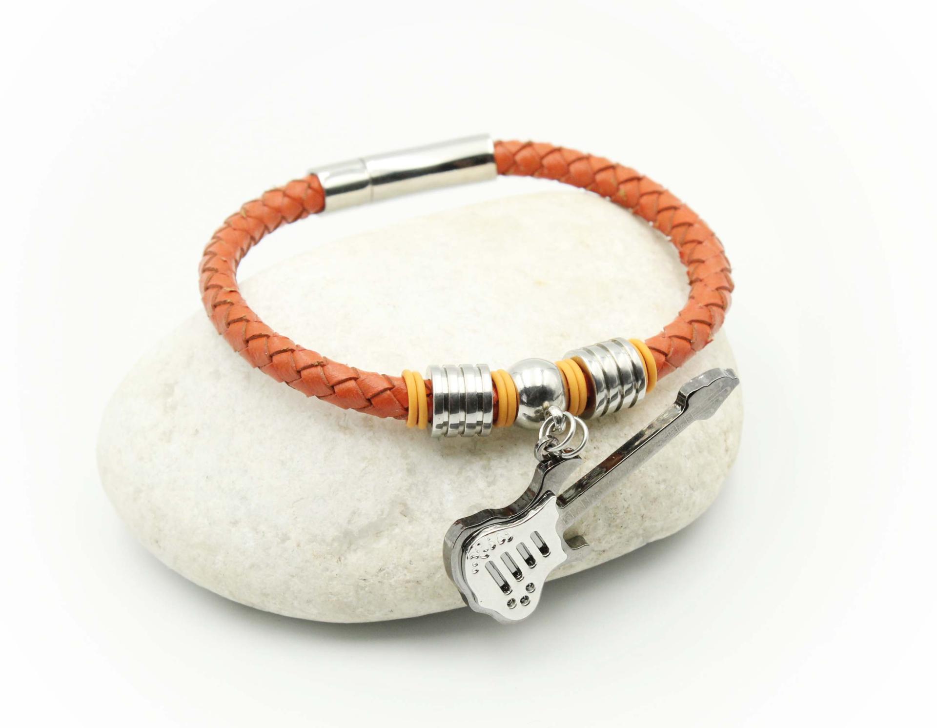 Guitar Dangle Leather & Steel Bracelet - Orange Cord