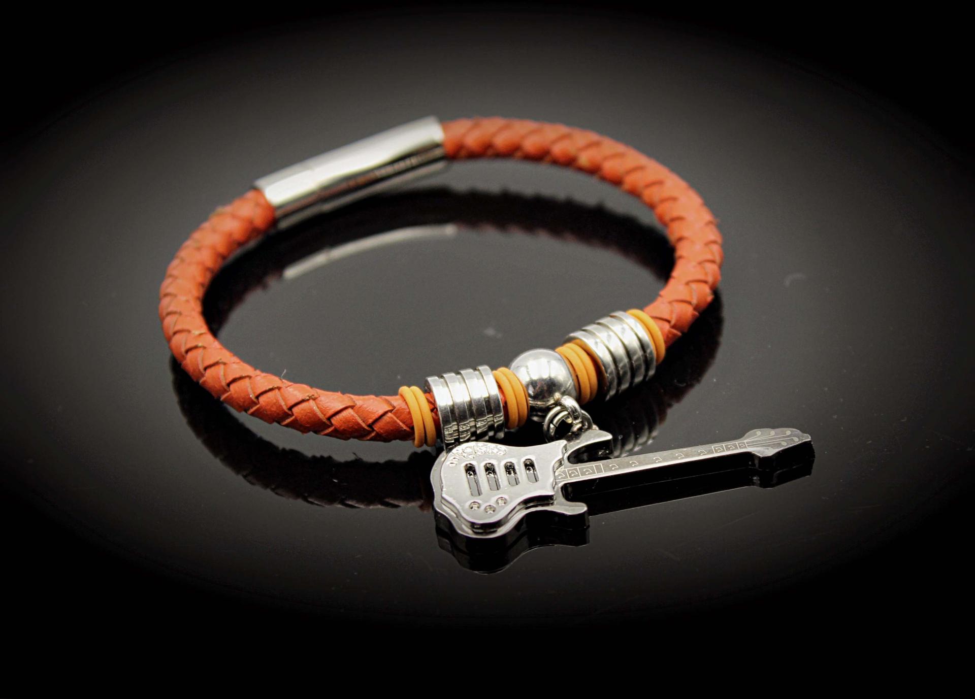 Guitar Dangle Leather & Steel Bracelet - Orange Cord