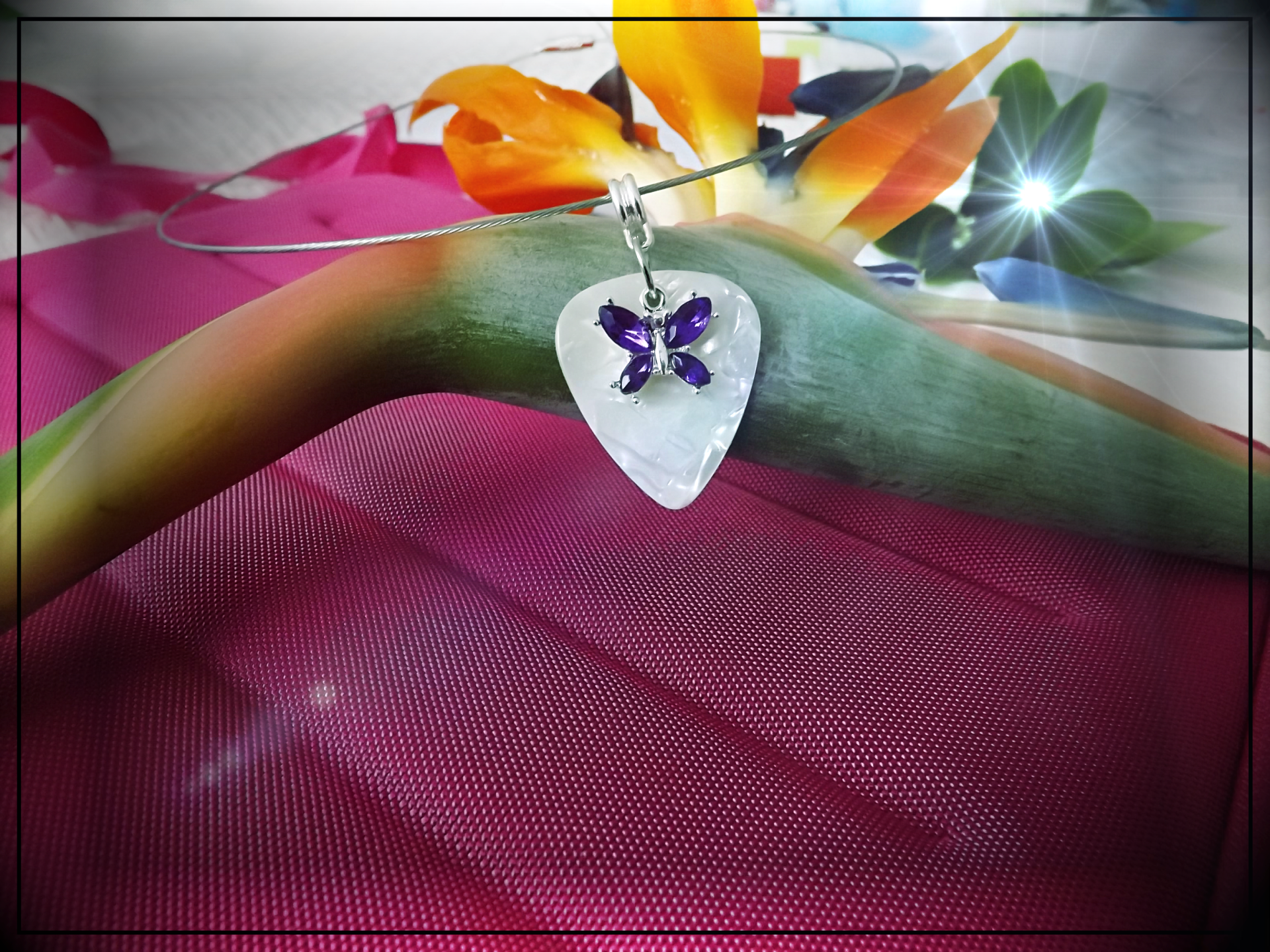 Purple Butterfly on White Guitar Pick Choker