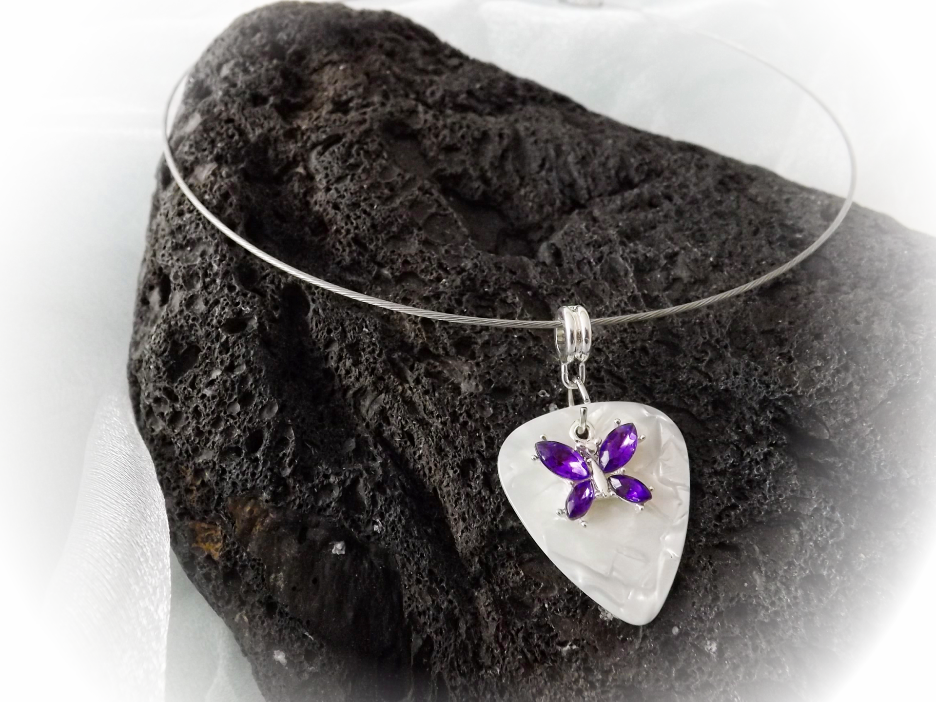 Purple Butterfly on White Guitar Pick Choker