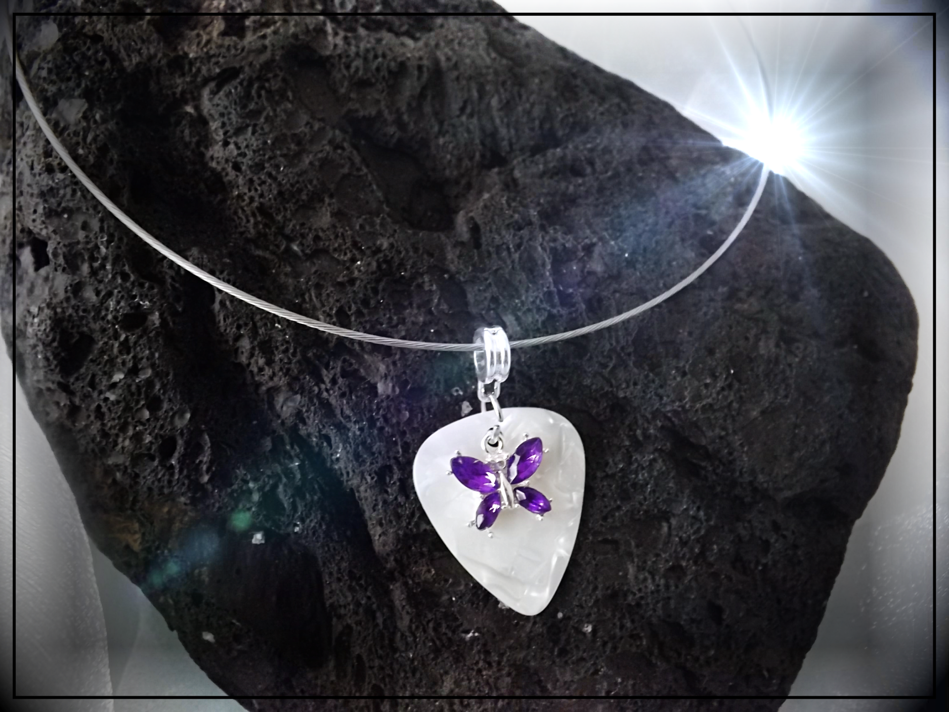 Purple Butterfly on White Guitar Pick Choker
