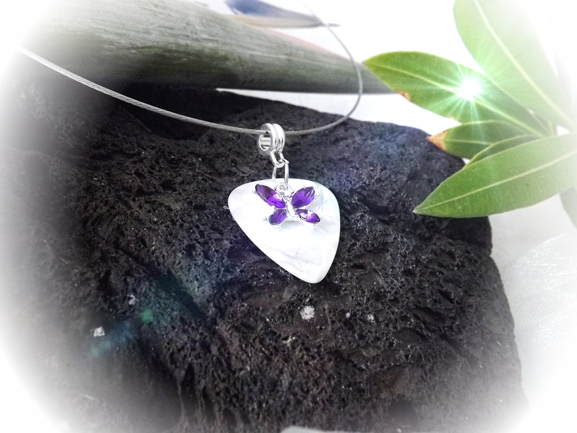 Purple Butterfly on White Guitar Pick Choker