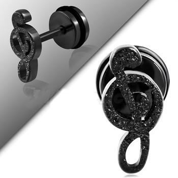 Fake Ear Plug With O Ring- Sandblasted Treble Clef Black Stainless Steel