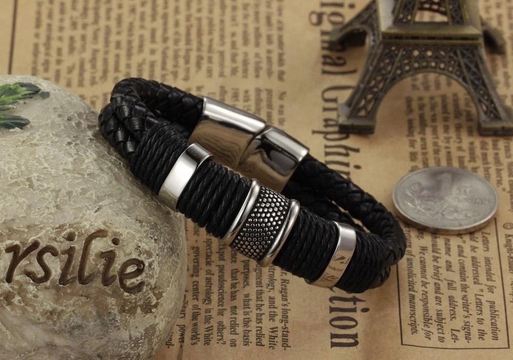 Genuine Leather & Steel Double Layer Bracelet