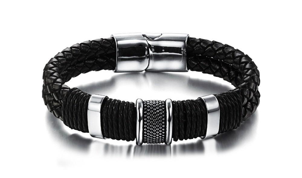 Genuine Leather & Steel Double Layer Bracelet