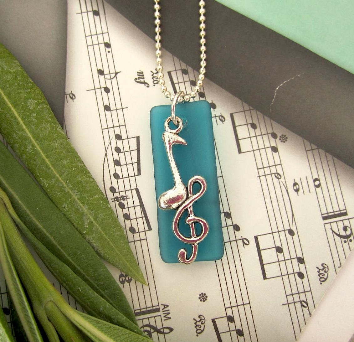 Recycled Glass Pendant with Music Note & Clef