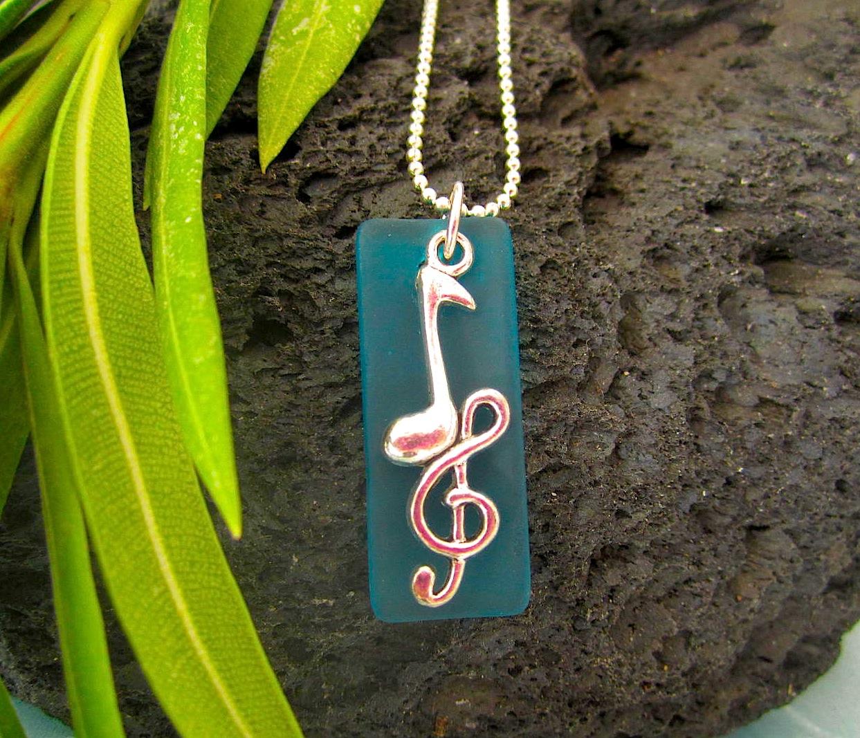 Recycled Glass Pendant with Music Note & Clef