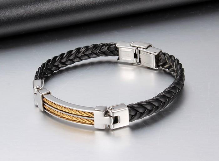 Titanium Steel & Leather Rope Design Bracelet