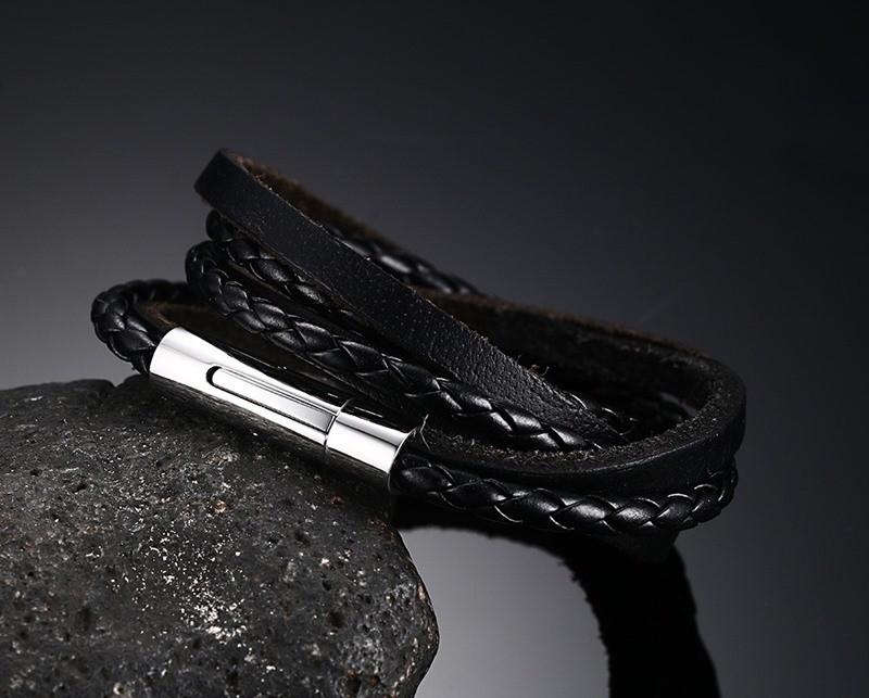 Punk Braided Multi Strand Leather Bracelet with Solid Stainless Steel Clasp