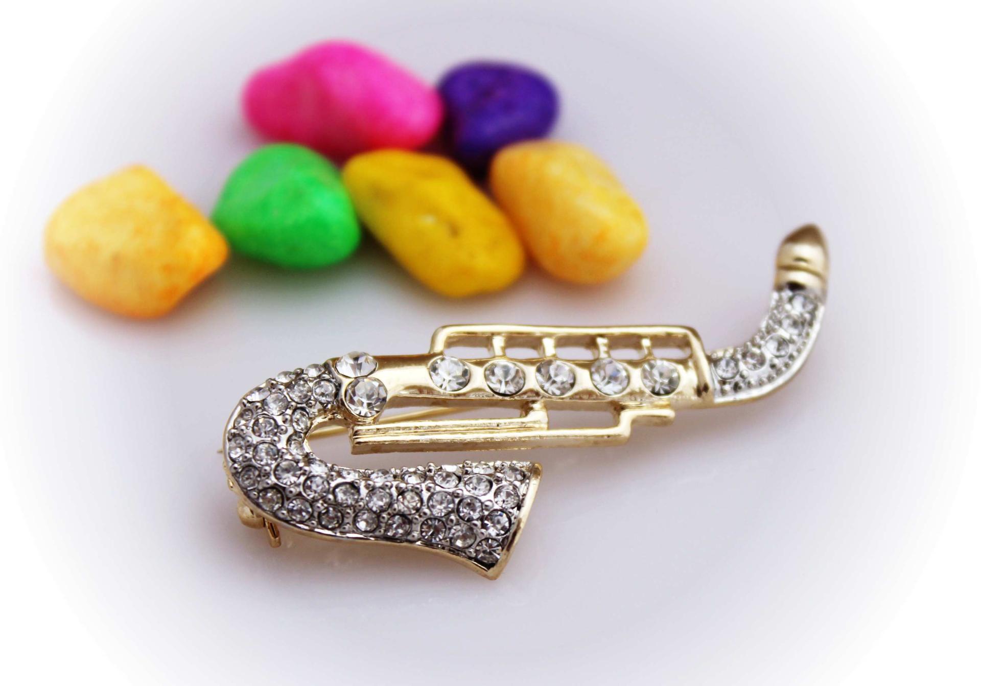 Saxophone Brooch With Crystal Stones