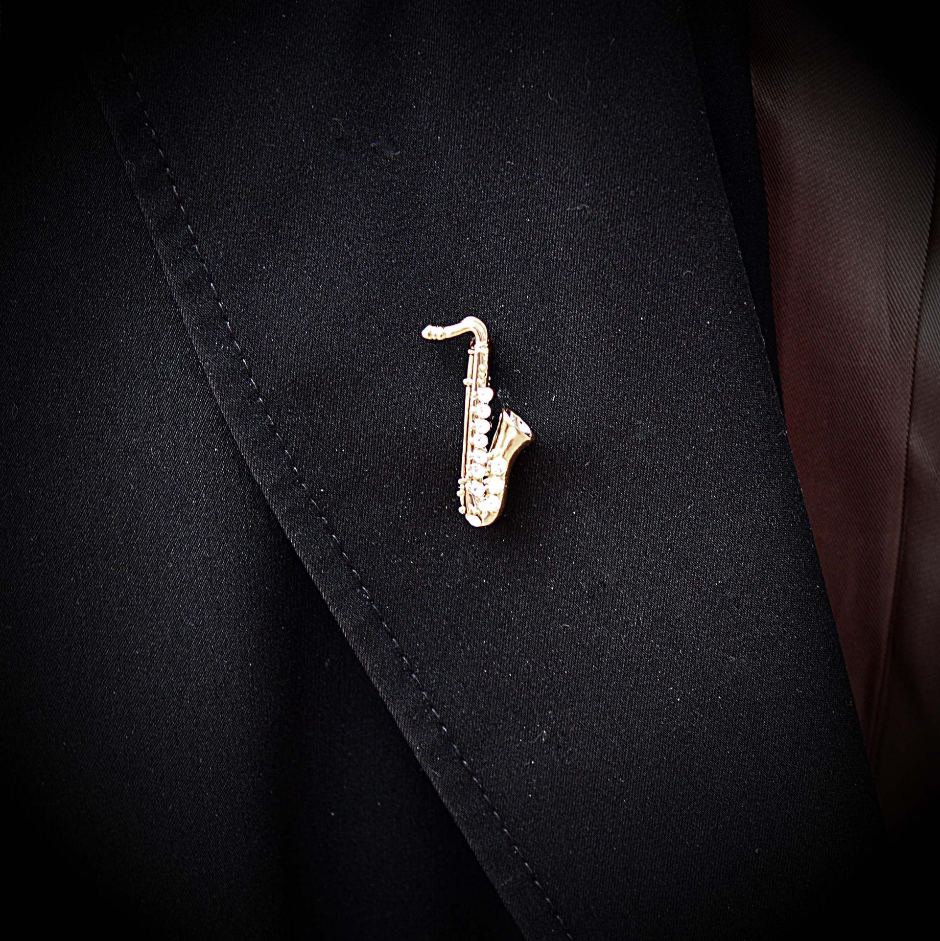 Saxophone Brooch - Gold with Crystal Stones