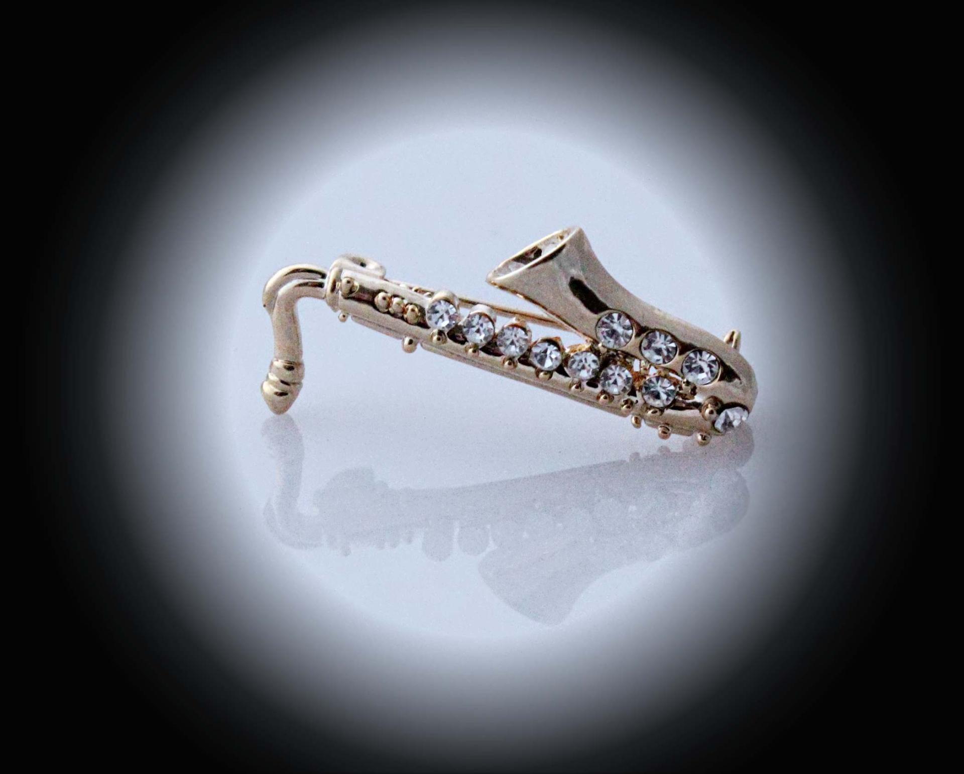 Saxophone Brooch - Gold with Crystal Stones