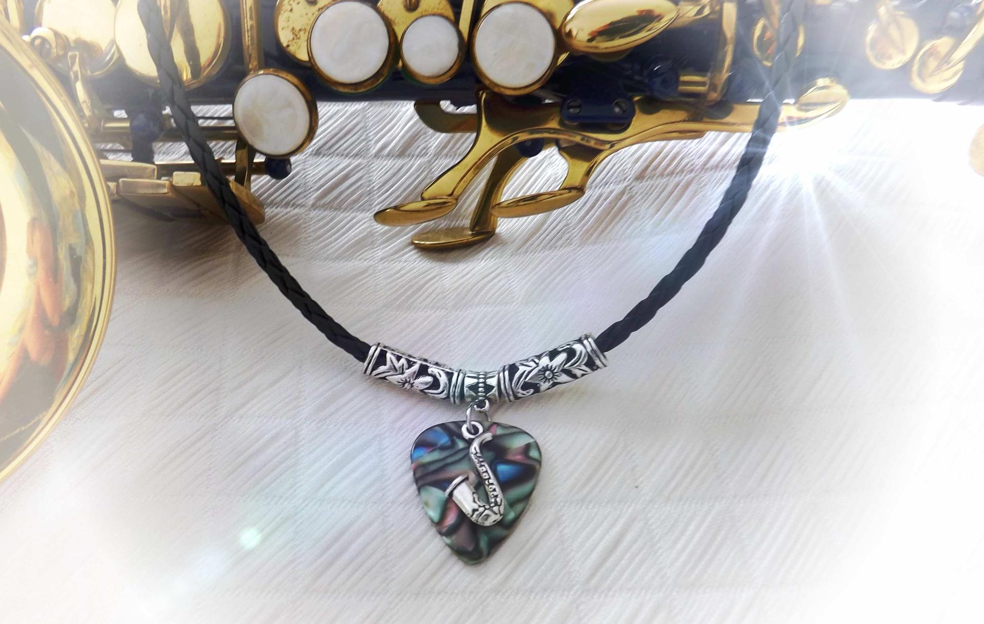 Saxophone Choker Necklace on Seashell Guitar Pick