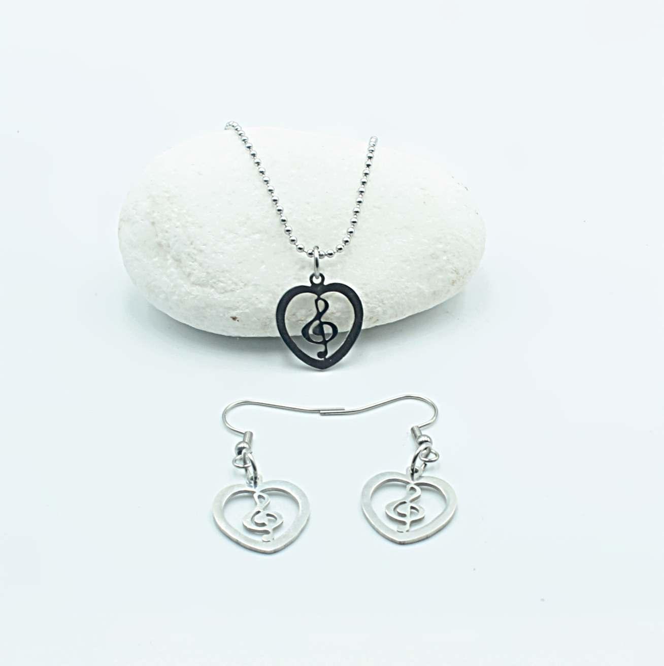 Treble Clef Heart Necklace and Earrings