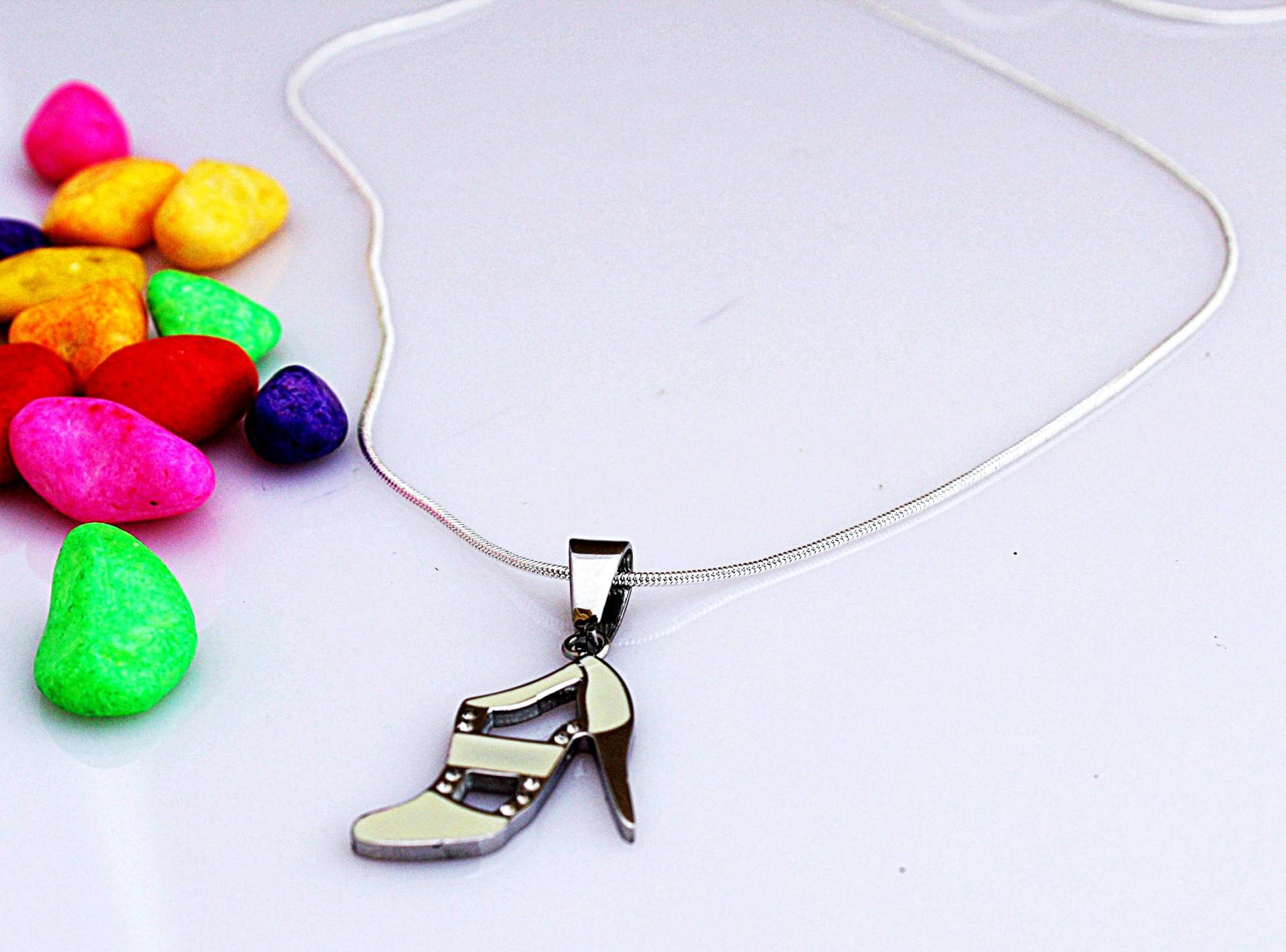 High Heel Lady Shoe Pendant White Enamel  in Stainless Steel