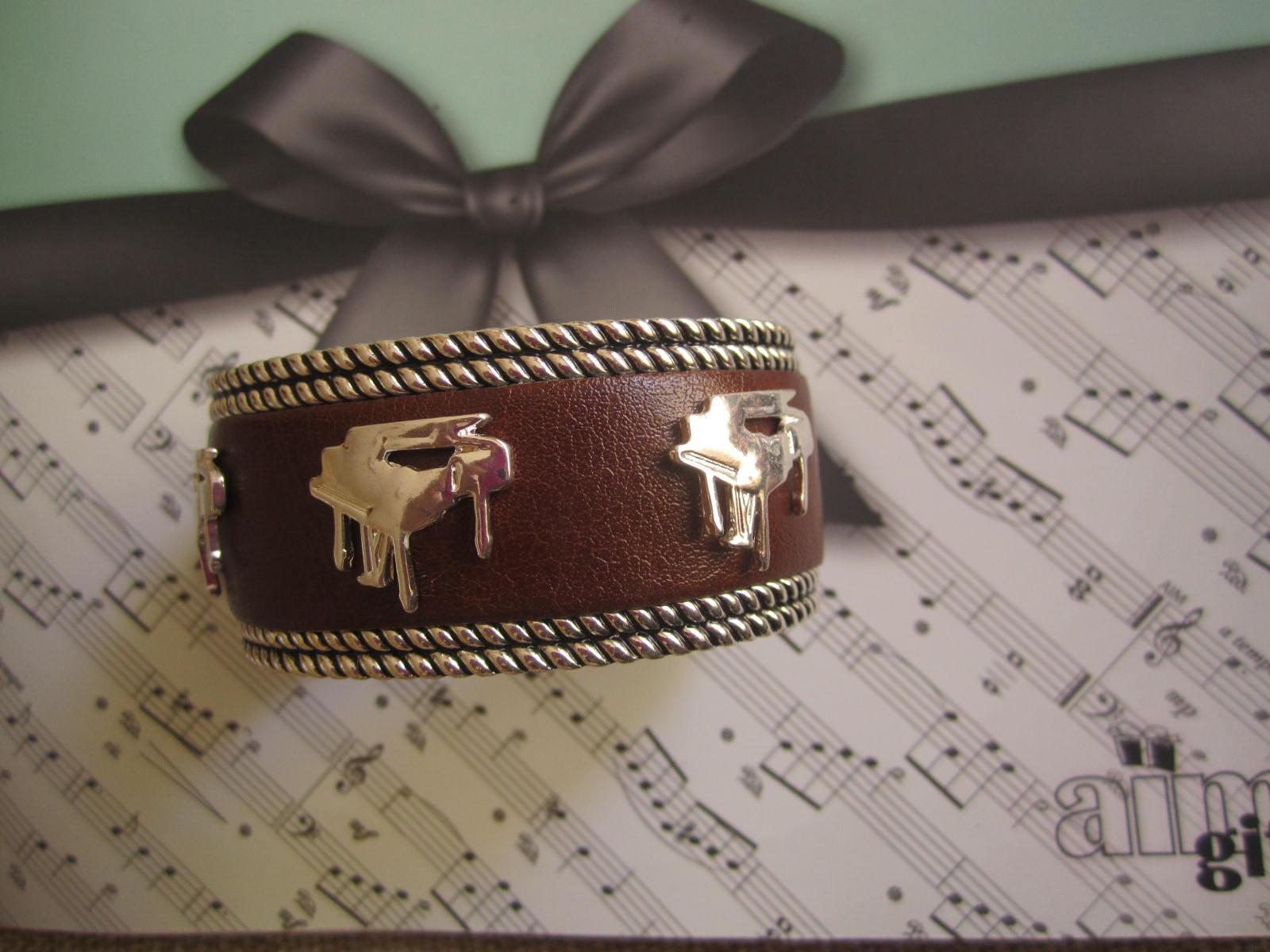 Silver Brown Leather Piano Cuff Bracelet