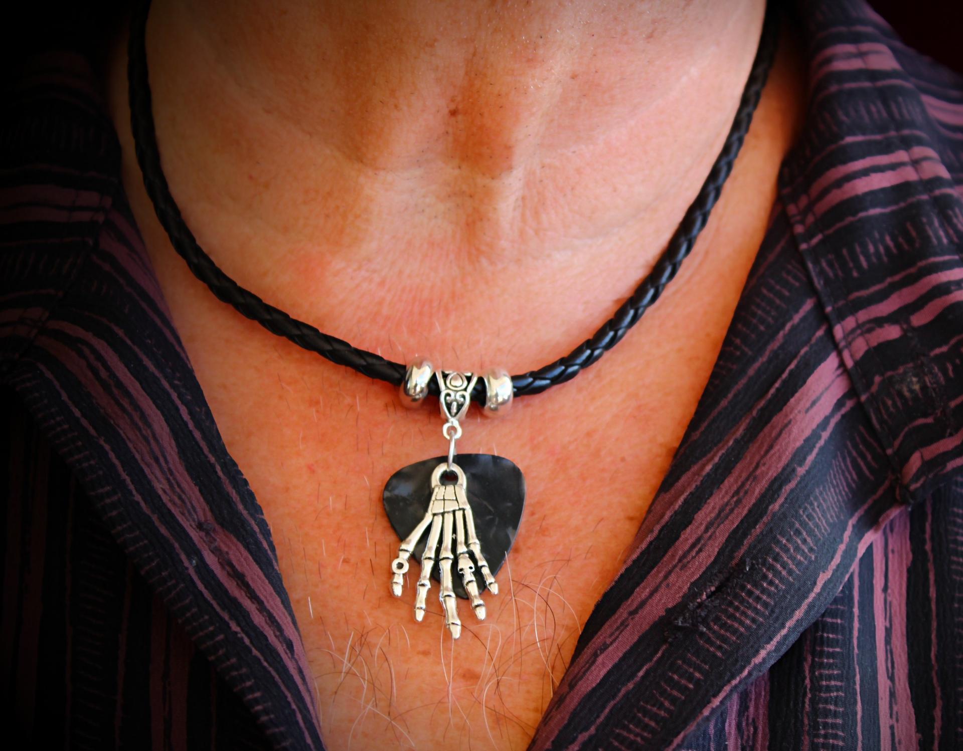 Skeleton Hand Guitar Pick Choker Necklace