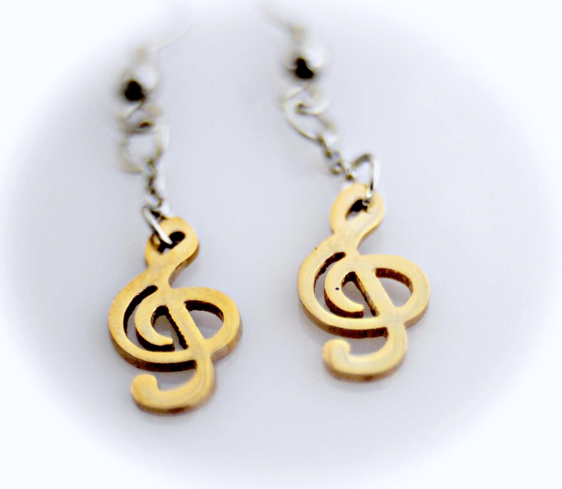 2-tone Musical Treble Clef Note Long Drop Hook Earrings