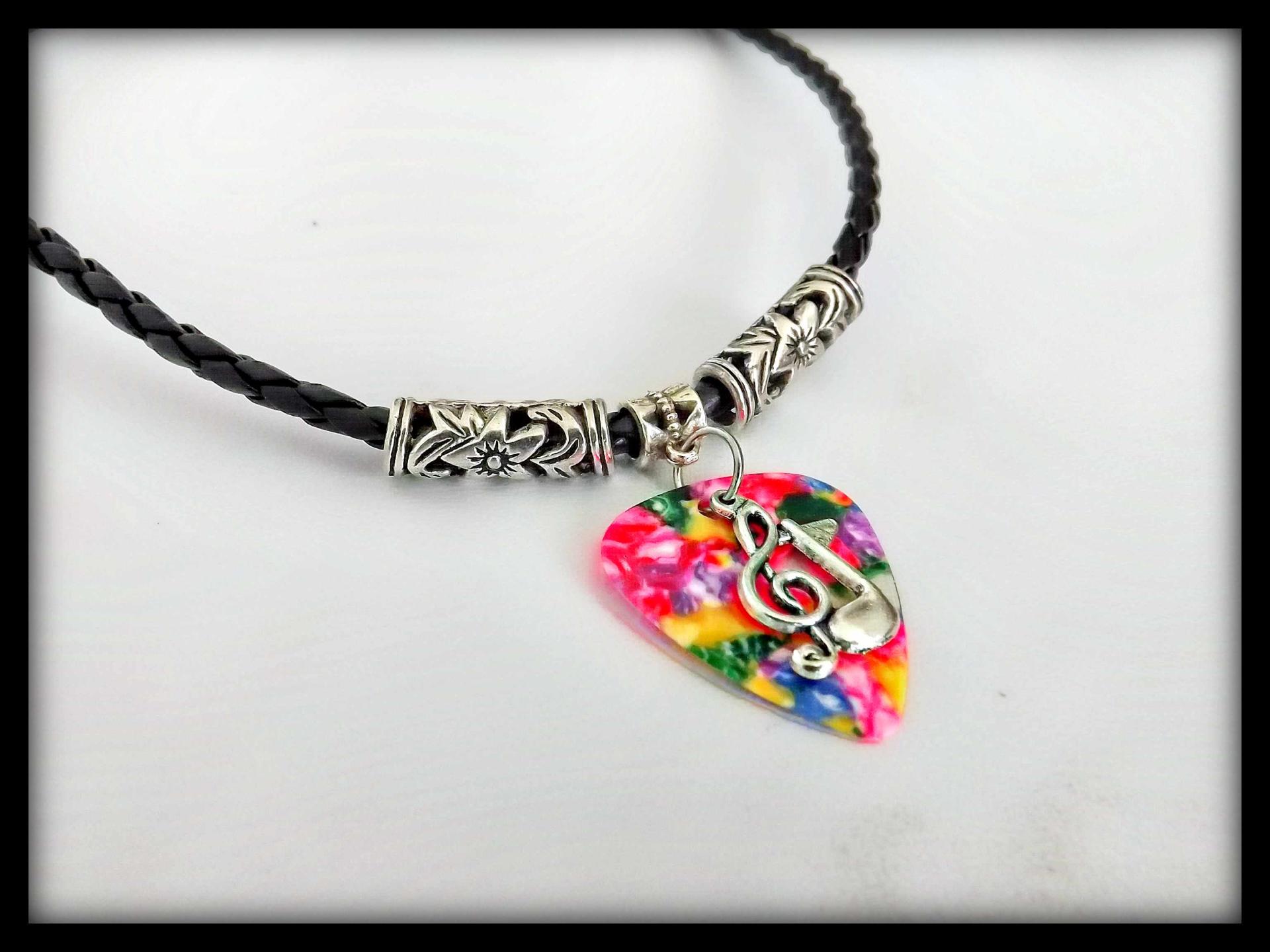 Colorful Hippy "Tie Die" Guitar Pick Necklace With Music Notes