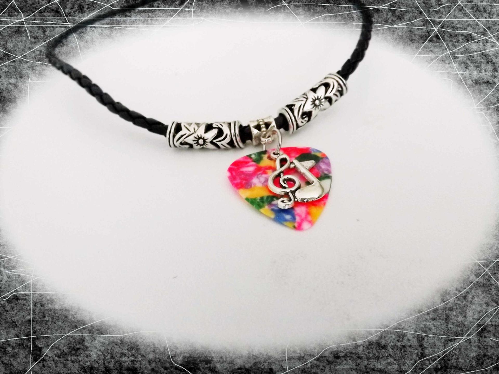 Colorful Hippy "Tie Die" Guitar Pick Necklace With Music Notes