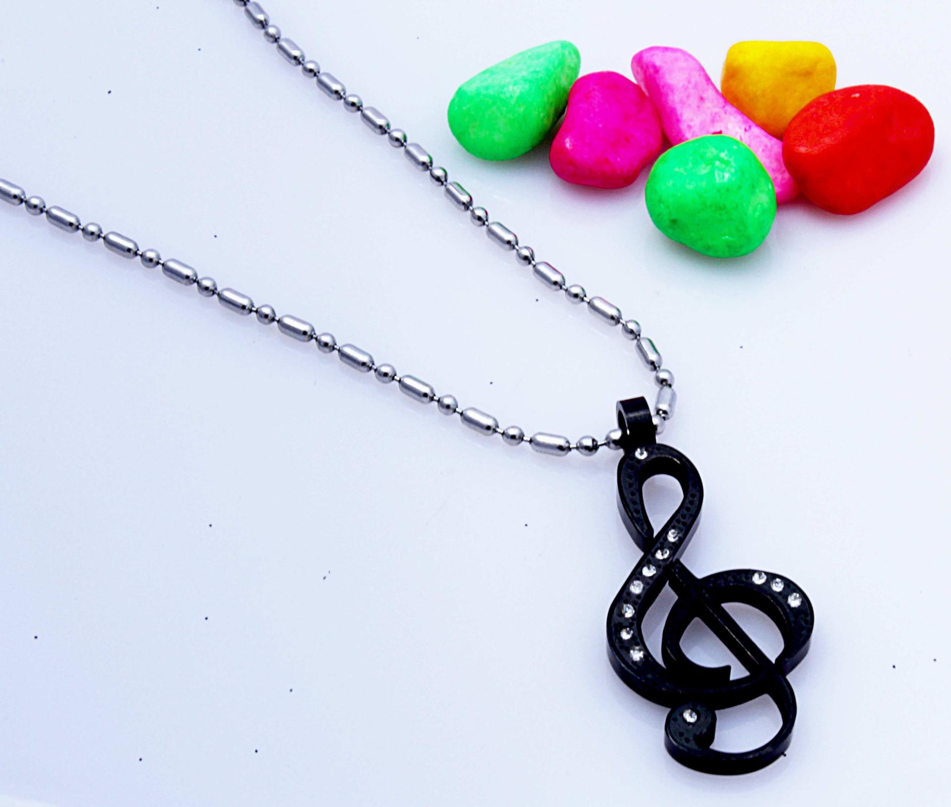 Treble Clef Necklace in Stainless Steel with CZ Stones