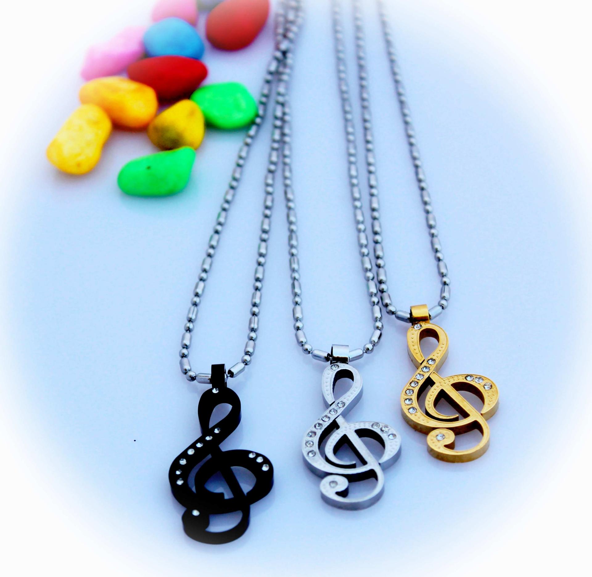 Treble Clef Necklace in Stainless Steel with CZ Stones