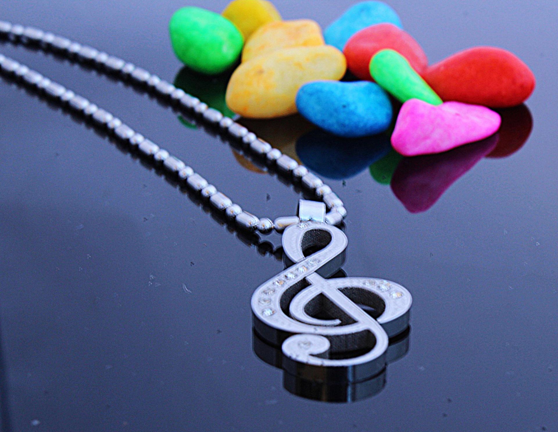 Treble Clef Necklace in Stainless Steel with CZ Stones