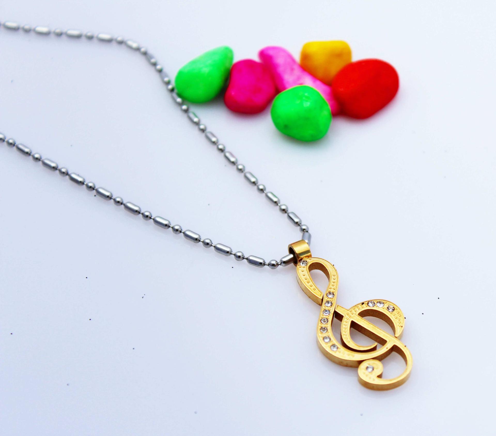 Treble Clef Necklace in Stainless Steel with CZ Stones