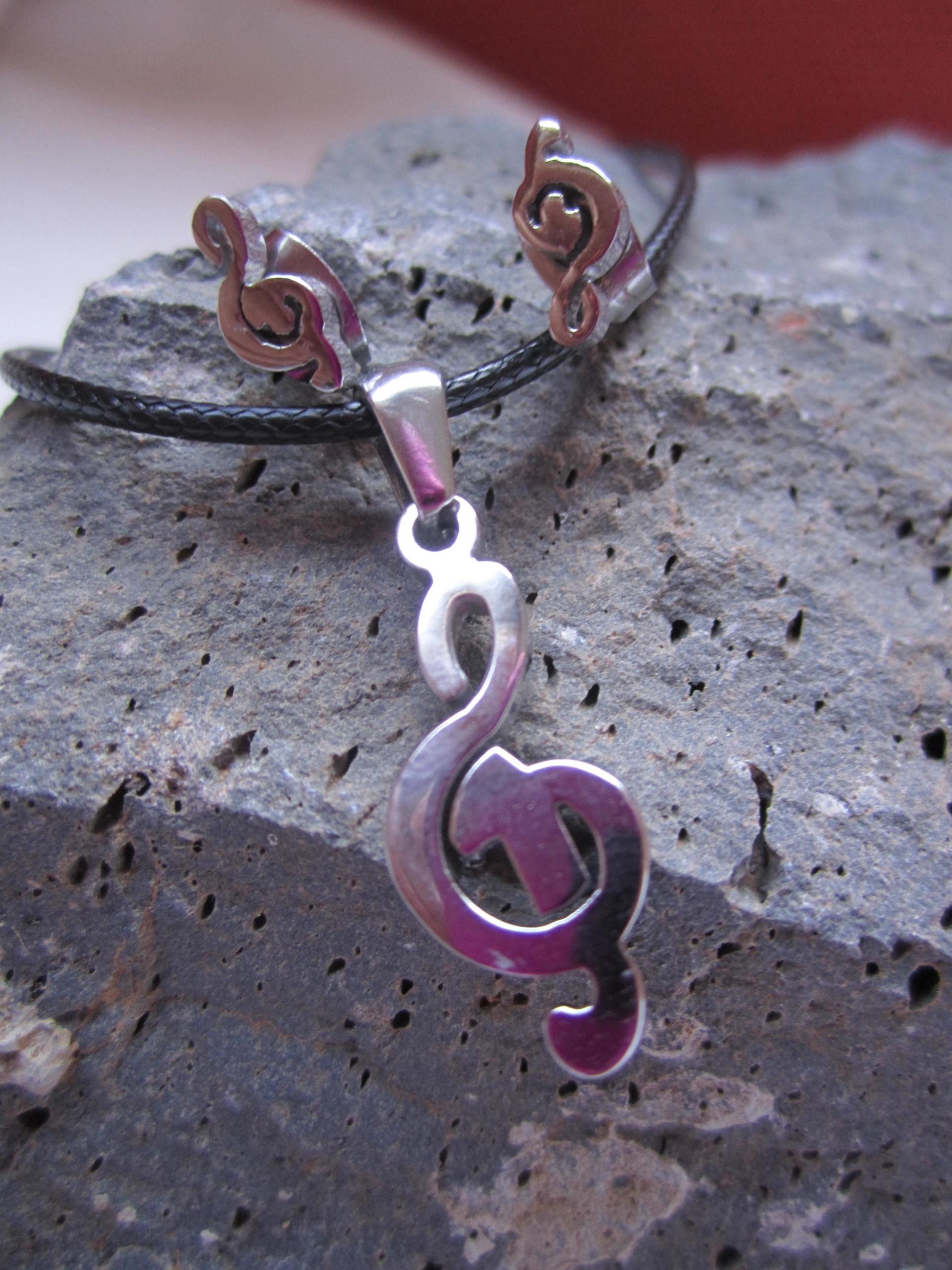 Treble Clef Note Charm Pendant & Pair of Stud Earrings