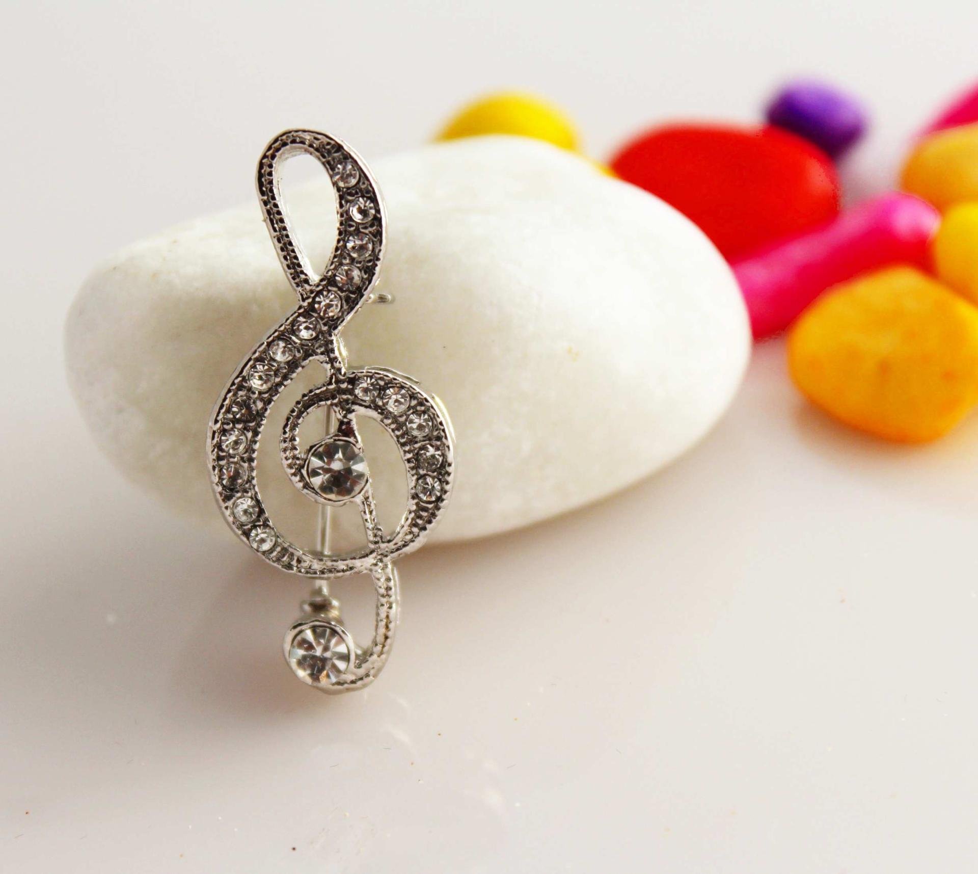 Musical Treble Clef Note Pin Brooch with Crystals