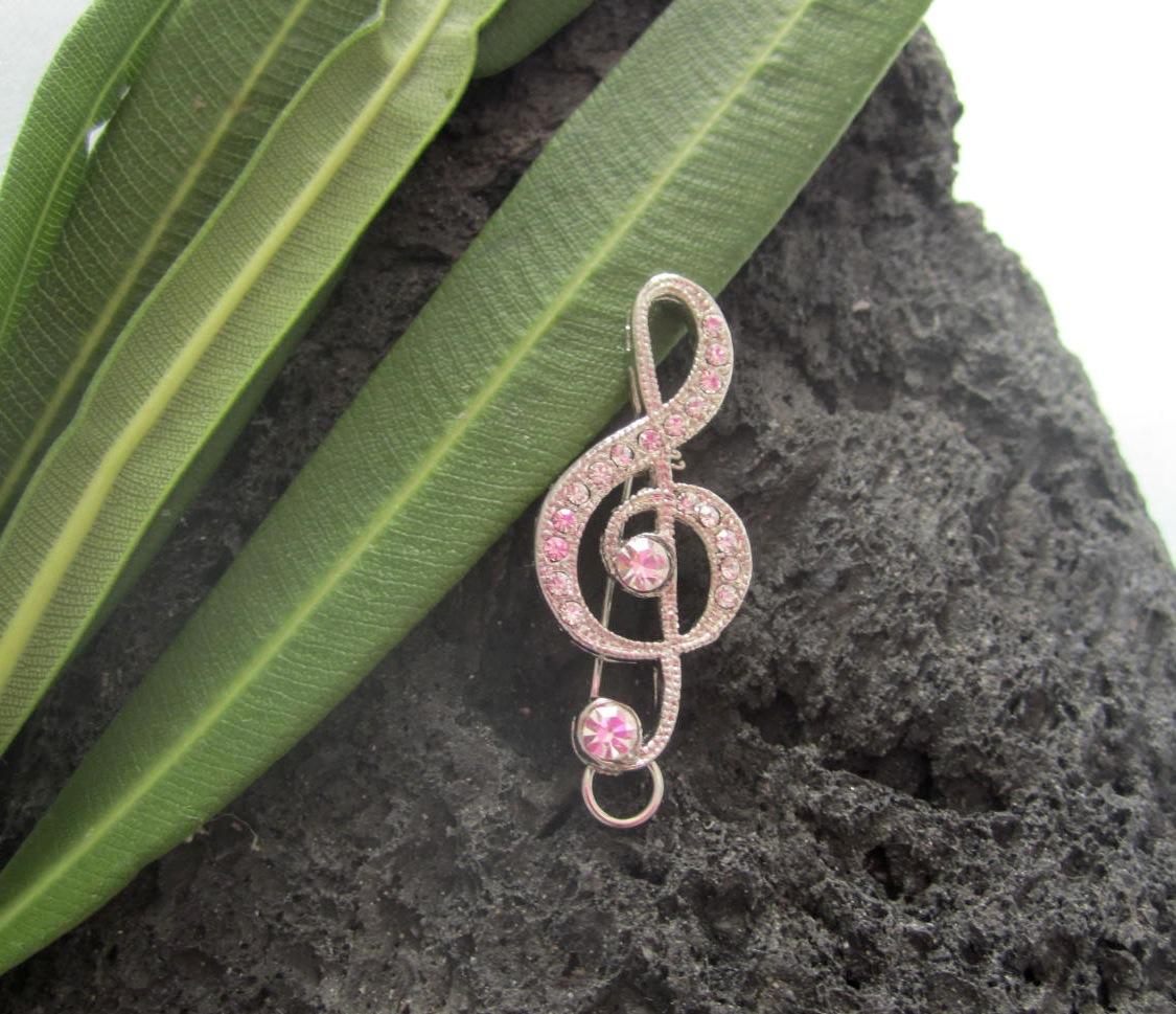 Musical Treble Clef Note Pin Brooch with Crystals