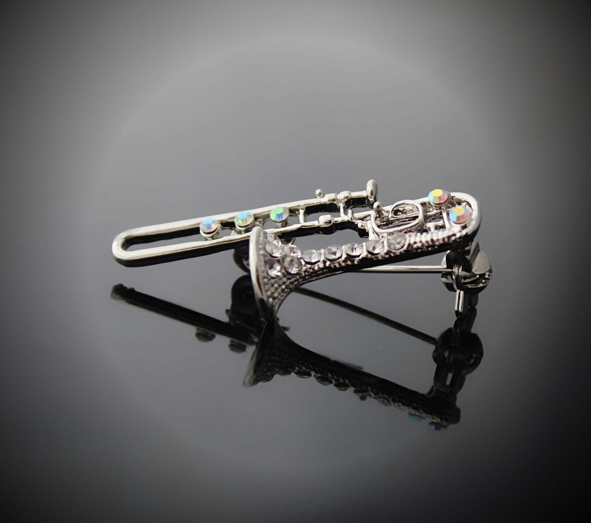 Trombone Crystal Pin Brooch