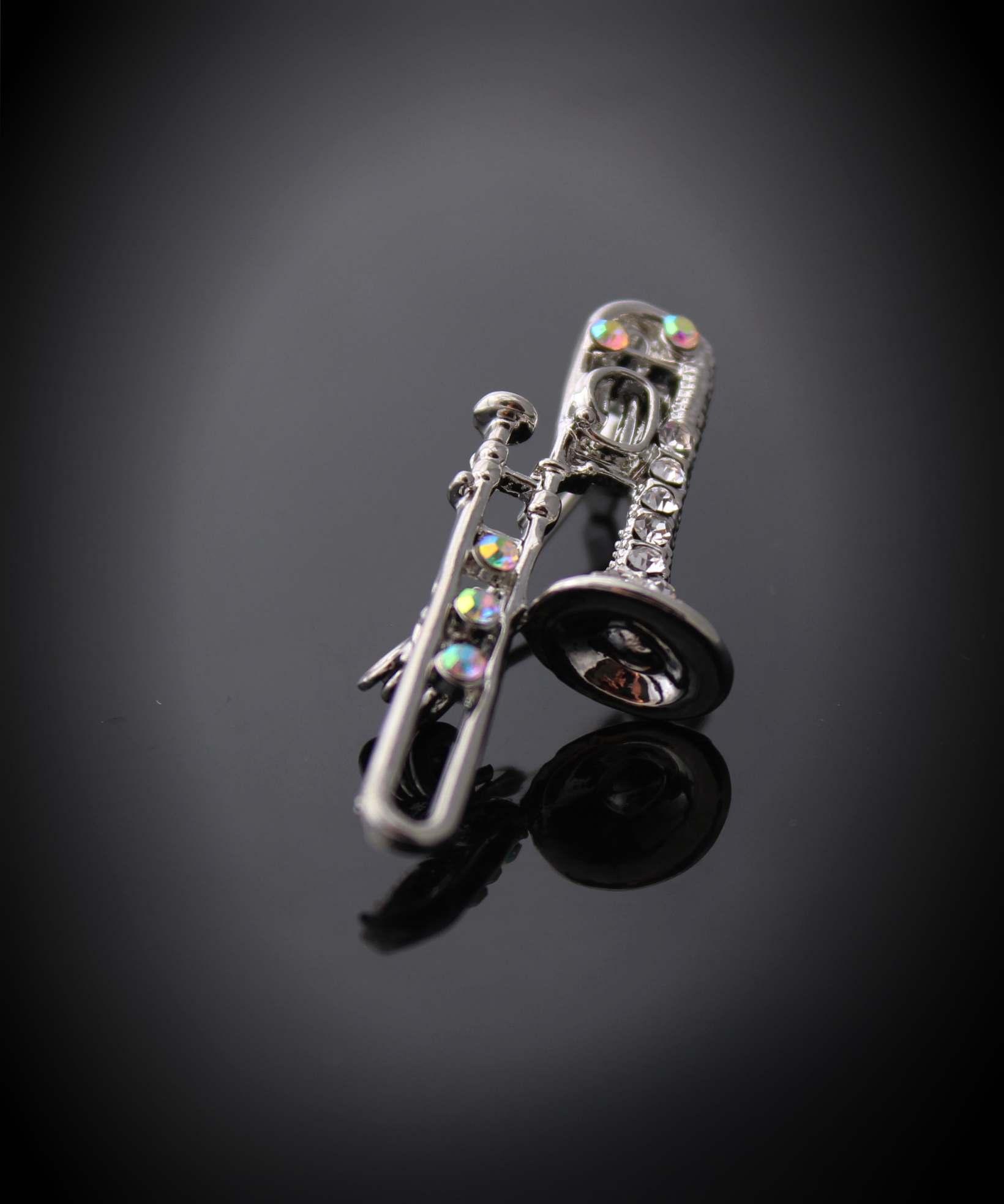 Trombone Crystal Pin Brooch