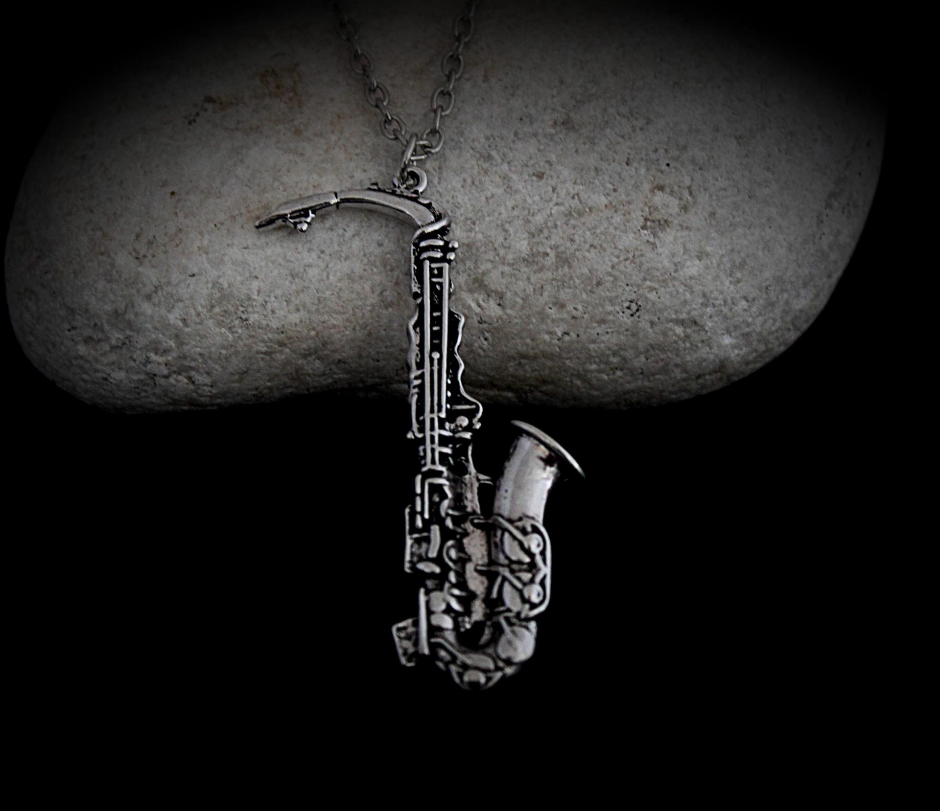 Silver Saxophone Necklace Vintage Style