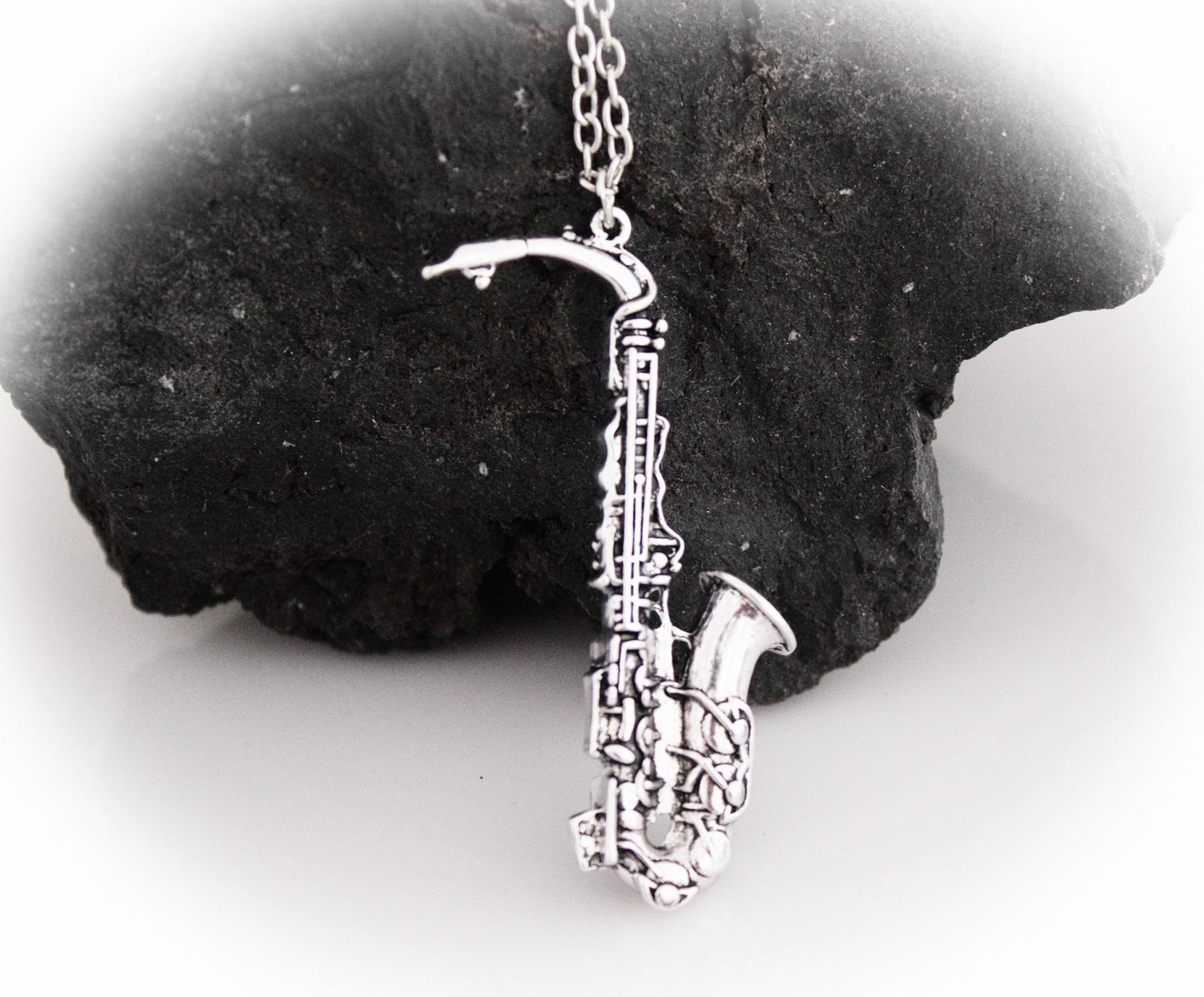 Silver Saxophone Necklace Vintage Style