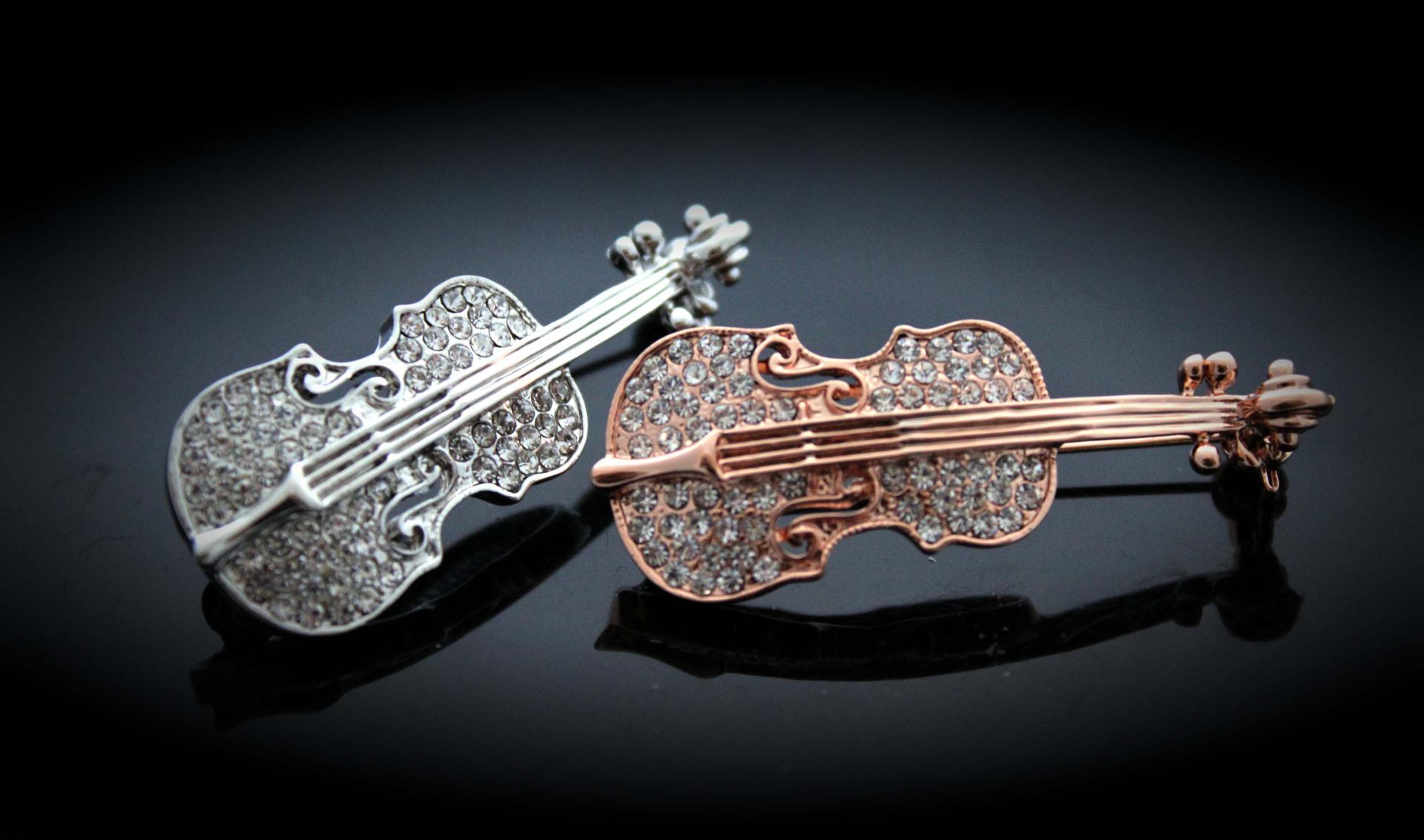 Violin Crystal Pin Brooch Silver and Gold