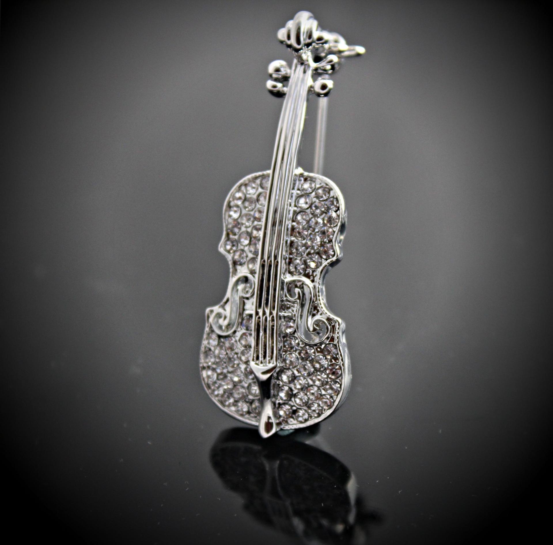 Violin Crystal Pin Brooch Silver