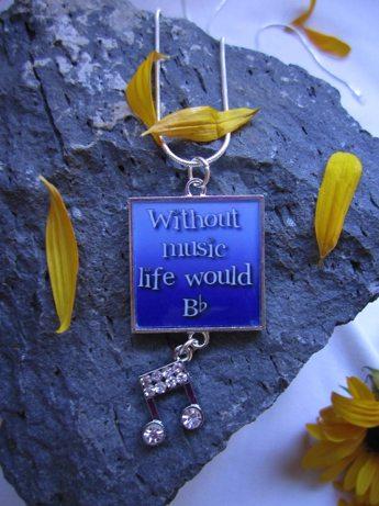 Without Music Life Would Bb - Funky Square Resin Pendant in Blue With Charm